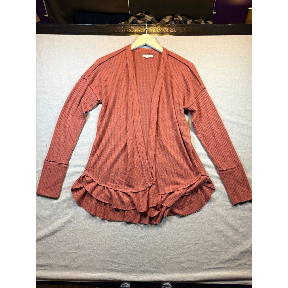 Maurices Women Brown Solid Knit Open Front Ruffle Hem Cardigan Sweater S